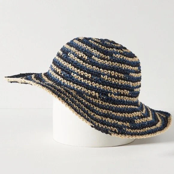 Anthropologie Bucket Hat by San Diego Hat Company in Blue Spacedye Straw. New! - Picture 2 of 10